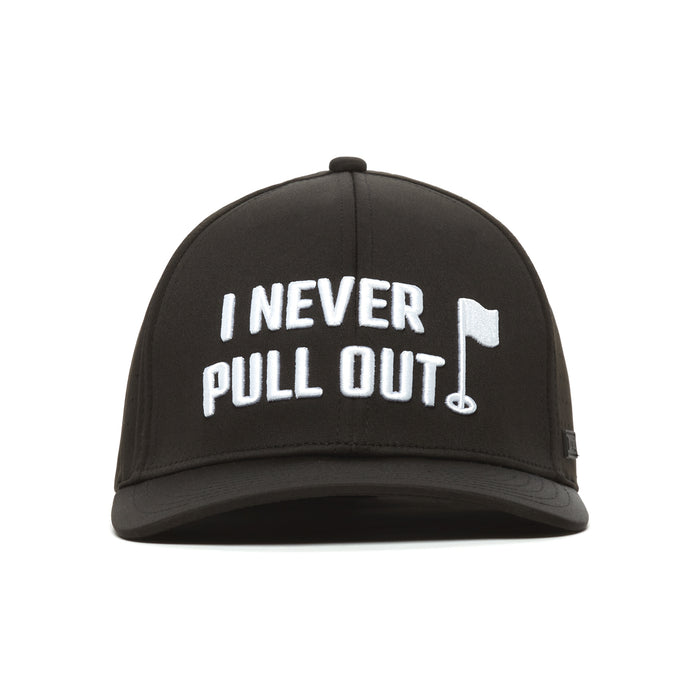 The I Never Pull Out - Performance Golf Hat - Stretch Fit is a black cap with bold white “I NEVER PULL OUT” embroidery and a golf flag graphic on the front, featuring durable performance material, a curved brim, and visible stitching.