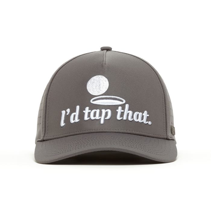 “I’d Tap That - Performance Golf Hat - Snapback” is a gray cap featuring a white embroidered golf ball above a hole and “I’d tap that.” text, made from sweat-resistant performance material. Shown on a plain white background.