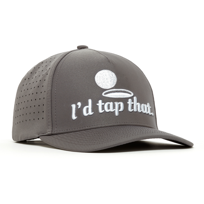 The "I'd Tap That - Performance Golf Hat - Snapback" is a gray cap with ventilation holes, curved brim, and white “I’d tap that.” embroidery above a golf ball. Sweat stain resistant, it’s shown against a white background.