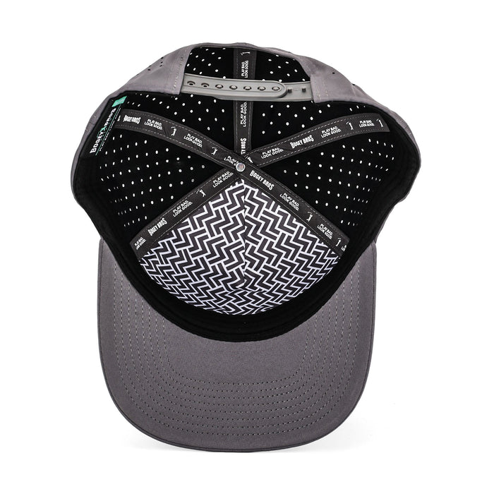 The I'd Tap That - Performance Golf Hat - Snapback is shown from above, revealing a gray exterior, black sweatbands with white stitching and text, polka dot and zigzag lining, a gray adjustable snapback strap, and performance stain-resistant material.