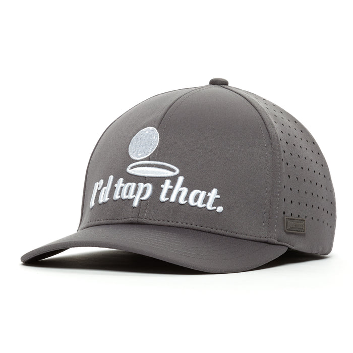 The “I’d Tap That - Performance Golf Hat - Stretch Fit” is a gray cap with a golf ball and hole graphic above white embroidered text. Made from performance material, it features perforated panels, a stretchable band, and a small brim tag for comfort and style.