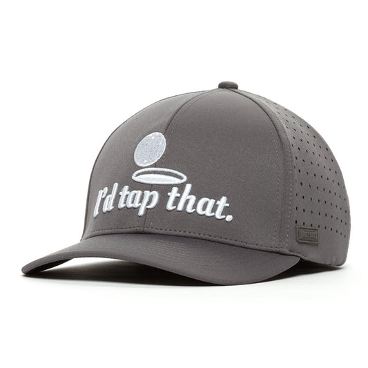The “I’d Tap That - Performance Golf Hat - Stretch Fit” is a gray cap with a golf ball and hole graphic above white embroidered text. Made from performance material, it features perforated panels, a stretchable band, and a small brim tag for comfort and style.