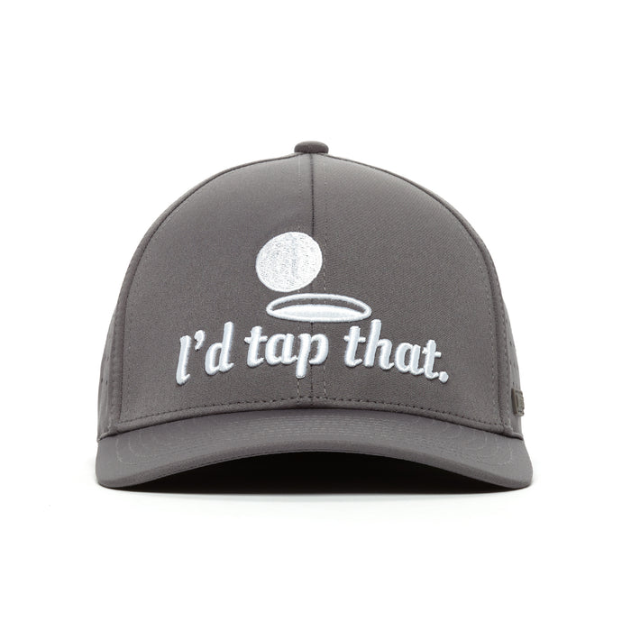 The I'd Tap That - Performance Golf Hat - Stretch Fit is a gray cap with white embroidered golf ball, hole, and “I’d tap that” text. Made from performance fabric with a stretch band, it's shown front-facing on a white background.