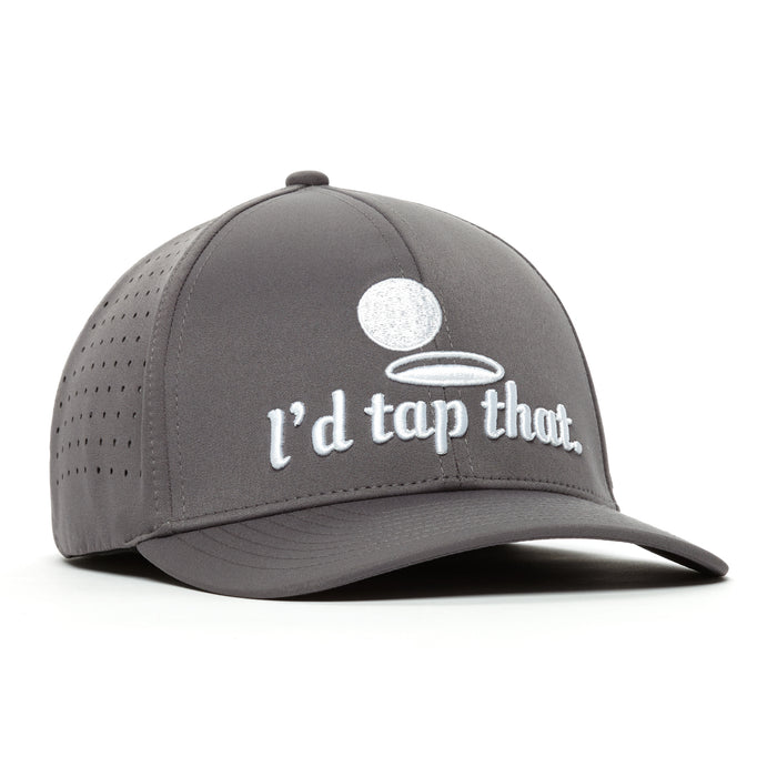 The I'd Tap That - Performance Golf Hat - Stretch Fit is gray with white embroidery of a golf ball near a hole above the phrase "I'd tap that." Made of performance fabric, it has ventilation holes, a curved brim, and resists sweat stains.