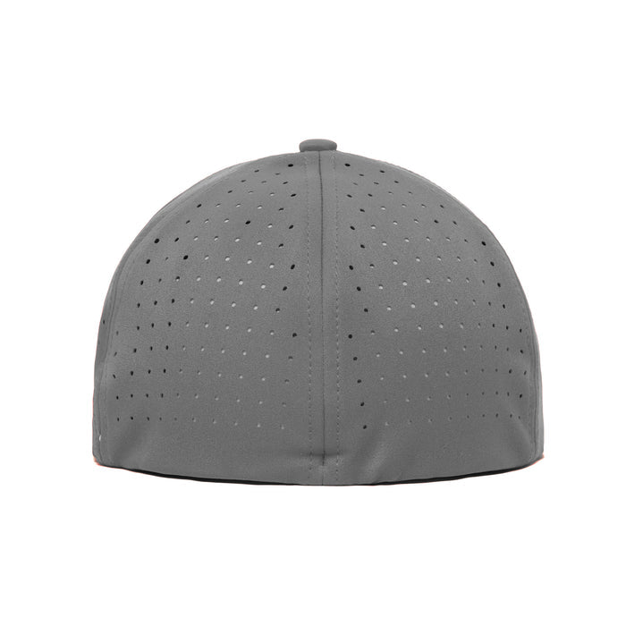 The I'd Tap That - Performance Golf Hat - Stretch Fit is a gray fitted cap seen from the back, with small ventilation holes, sweat-resistant material, a fabric-covered top button, curved lower edge, and a clean look with no logos or extra designs.