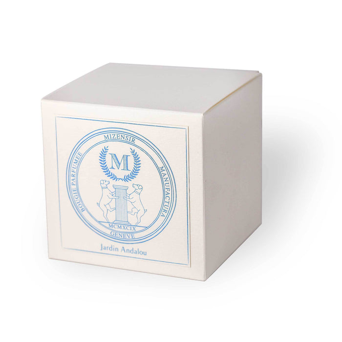 A white box with a blue emblem featuring the letter "M" and the text "Jardin Andalou" on the front.
