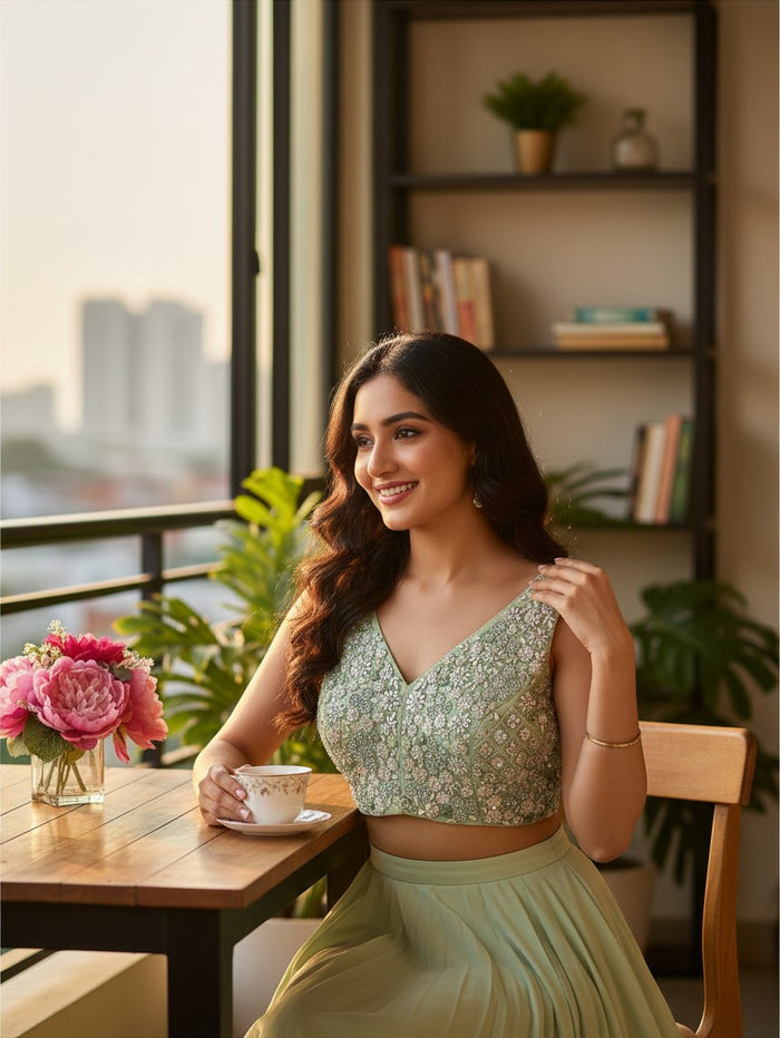 Kurti Connection USA light green embroidered sleeveless blouse worn by a woman sitting at a table with tea