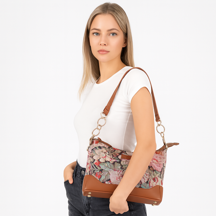Women’s floral tapestry vegan‑leather chain shoulder bag for travel, office, work, and daily use — Canada & USA-model image