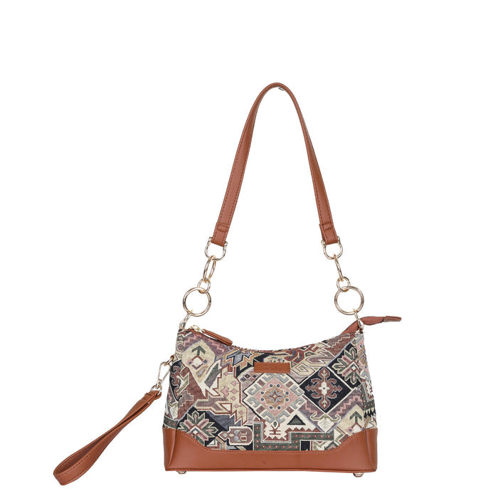 Women’s geometric tapestry vegan‑leather chain shoulder bag for travel, office, work, and everyday use — Canada & USA