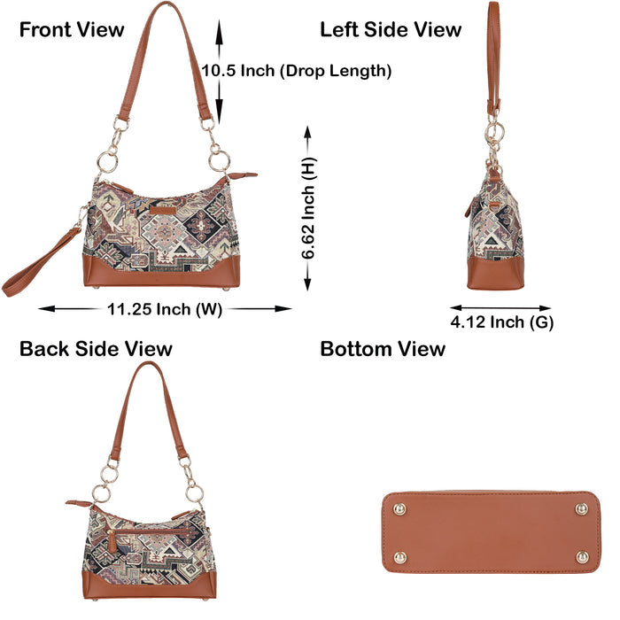 Women’s geometric tapestry vegan‑leather chain shoulder bag for travel, office, work, and everyday use — Canada & USA-infographic image