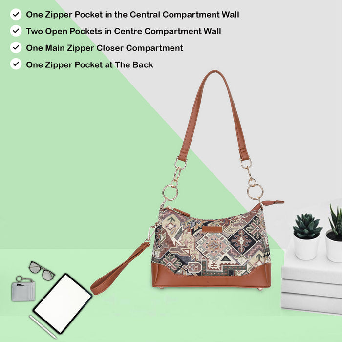Women’s geometric tapestry vegan‑leather chain shoulder bag for travel, office, work, and everyday use — Canada & USA-feature view