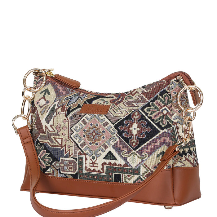 Women’s geometric tapestry vegan‑leather chain shoulder bag for travel, office, work, and everyday use — Canada & USA-half side view