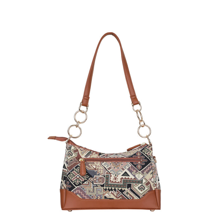 Women’s geometric tapestry vegan‑leather chain shoulder bag for travel, office, work, and everyday use — Canada & USA-back view