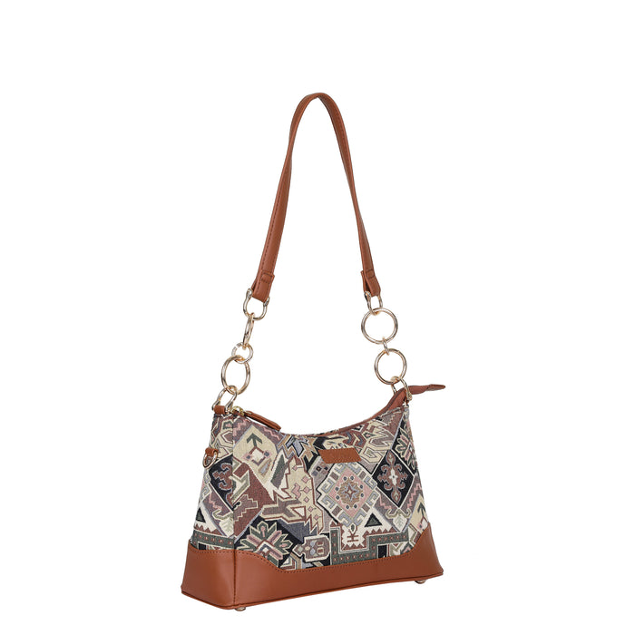 Women’s geometric tapestry vegan‑leather chain shoulder bag for travel, office, work, and everyday use — Canada & USA-second half side view