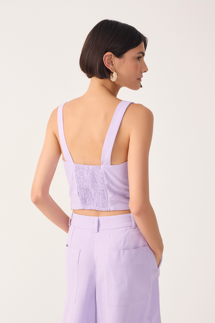 Lilac Sweetheart Neck Smocked Back Linen Top