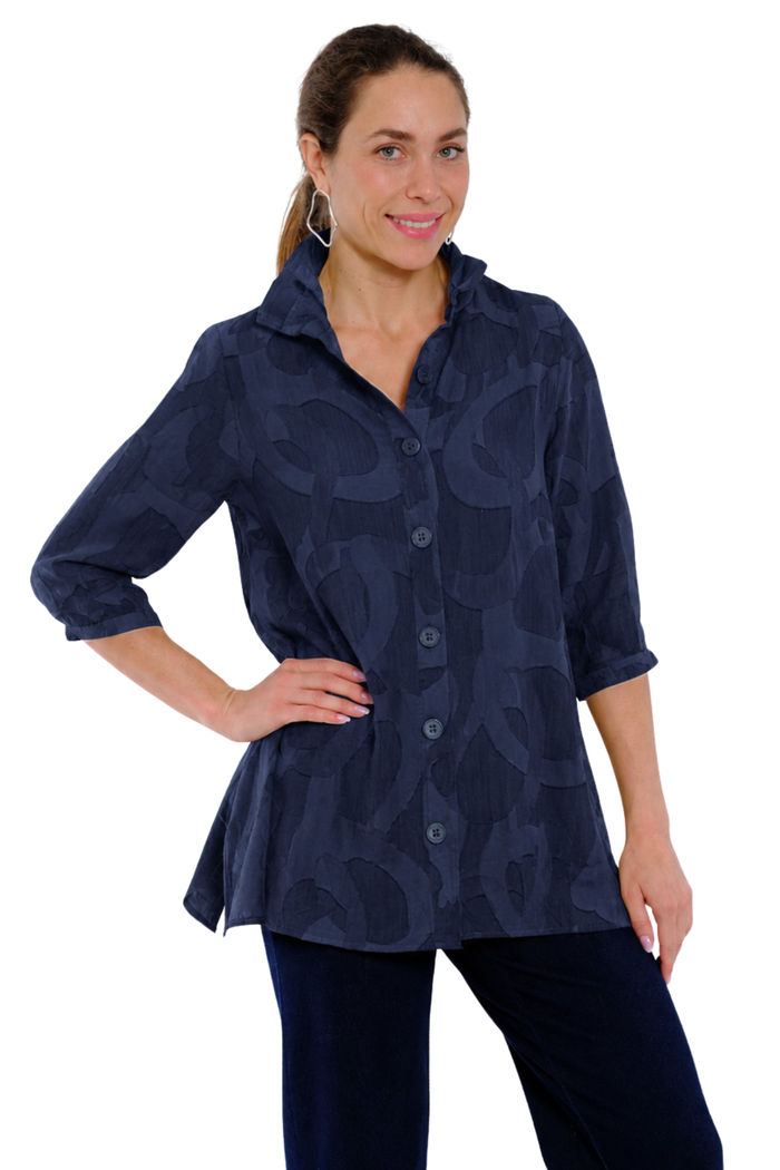 LIOR Women's Indigo Swirl Print Tunic Top with Wire Collar and Button Front