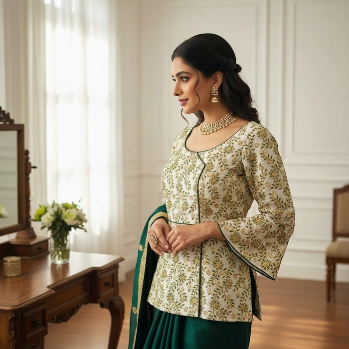 Kurti Connection USA long floral blouse with bell sleeves paired with a dark green skirt for a traditional look.
