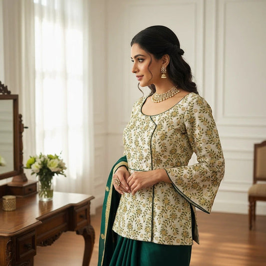 Kurti Connection USA long floral blouse with bell sleeves paired with a dark green skirt for a traditional look.