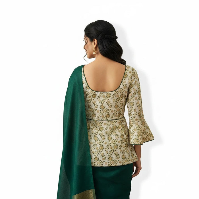 Kurti Connection USA floral print long blouse with bell sleeves paired with a dark green dupatta, back view