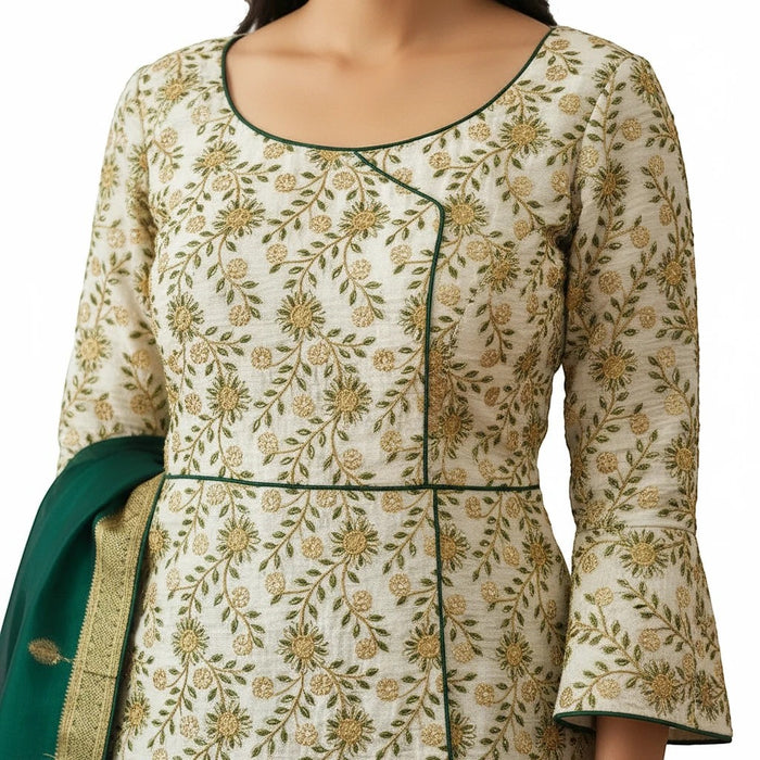 Kurti Connection USA long blouse in cream fabric with green and gold floral embroidery and bell sleeves