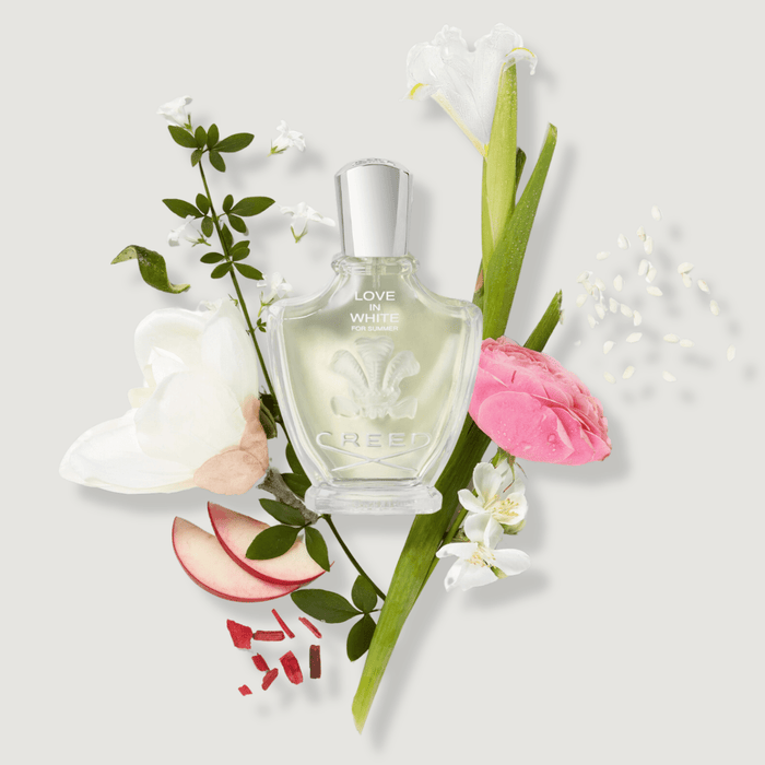 Creed Love In White For Summer Floral Fragrance with White Florals and Peach - Ingredient Flatlay | Creed Fragrances