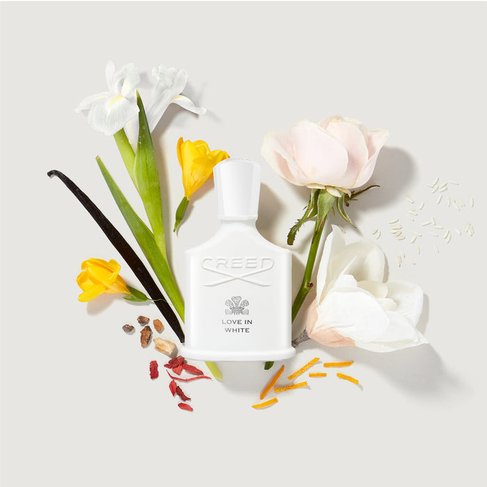 Creed Love In White 75ml white perfume bottle with floral notes flat lay - Ingredient Detail | Creed Fragrances