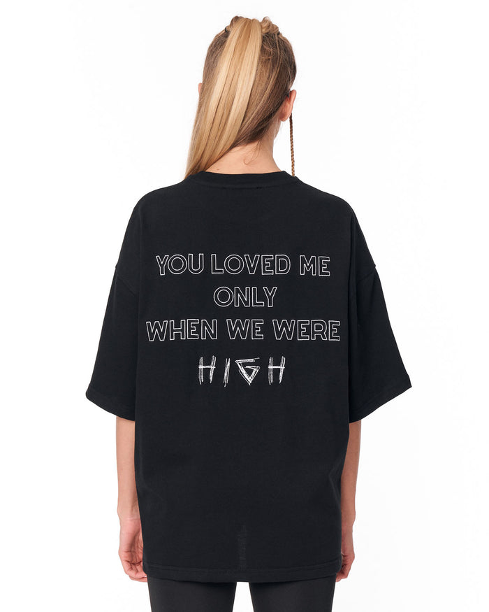 “Loved Me” Text Print Black Oversized T-shirt with statement typography