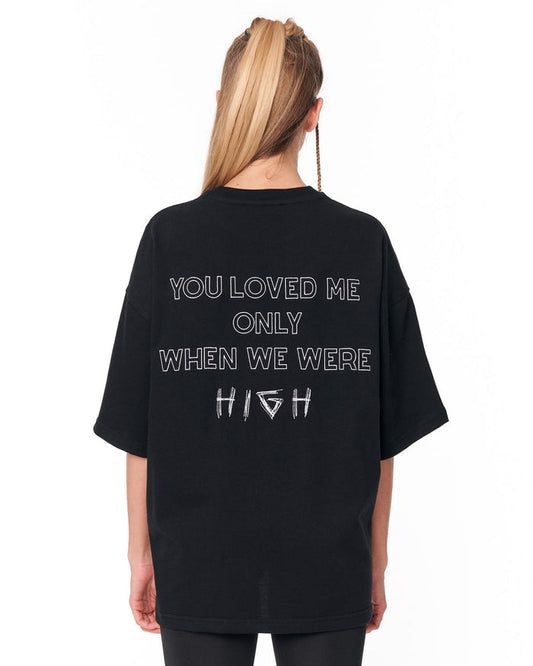 “Loved Me” Text Print Black Oversized T-shirt with statement typography