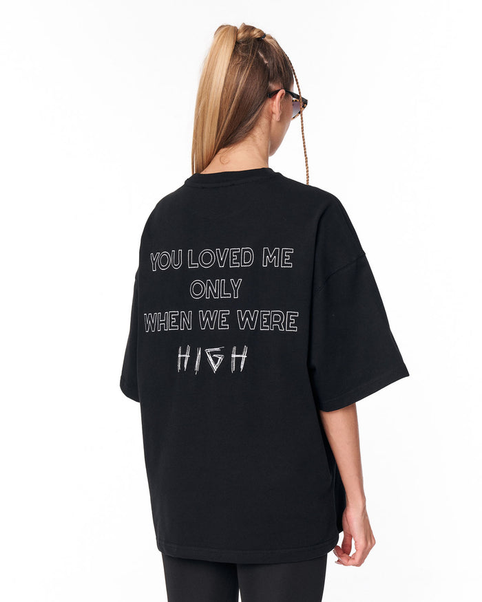 “Loved Me” Text Print Black Oversized T-shirt in solid black cotton fabric