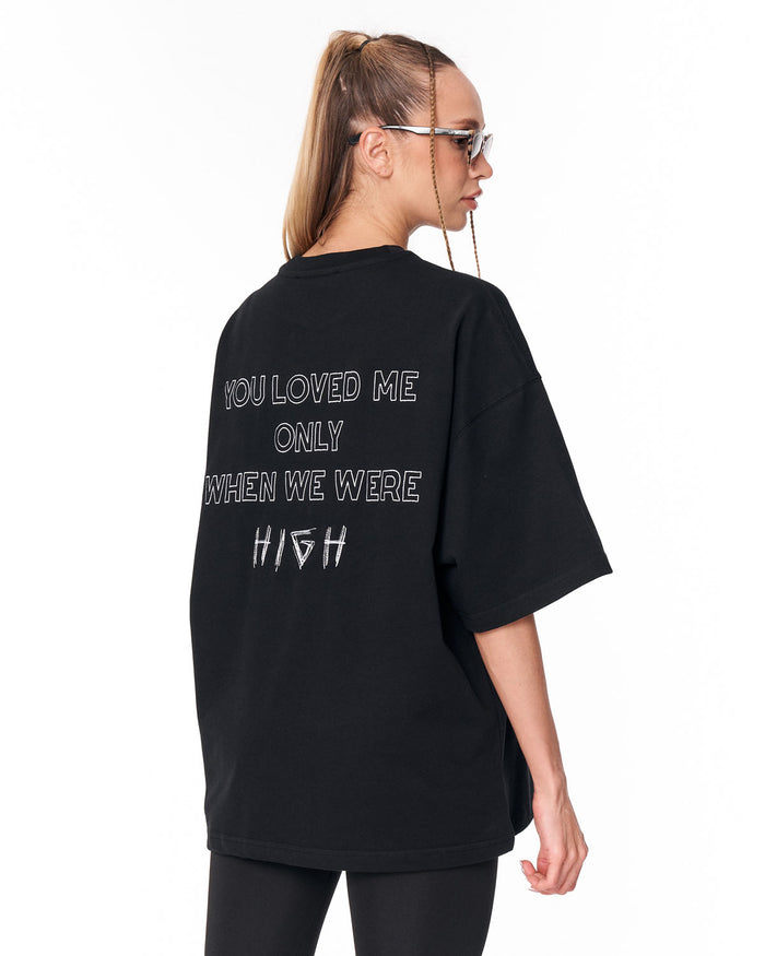 “Loved Me” Text Print Black Oversized T-shirt with expressive back text