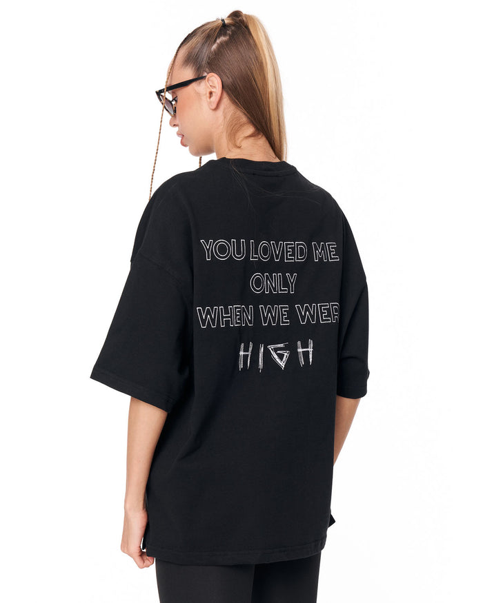 “Loved Me” Text Print Black Oversized T-shirt with loose everyday shape