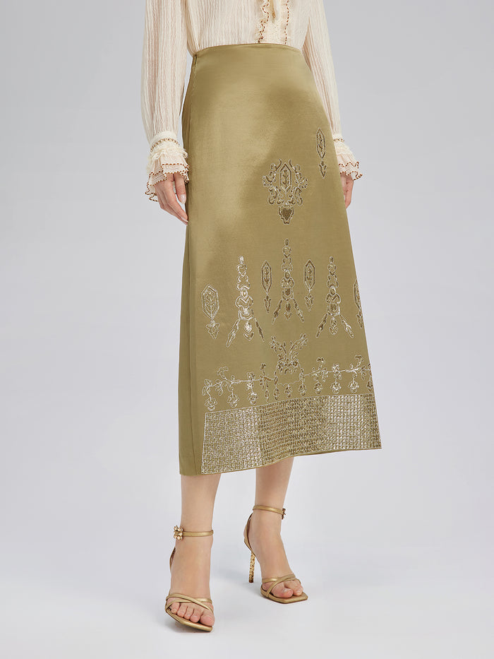 Lustrous Embroidered Floral A-Line Skirt