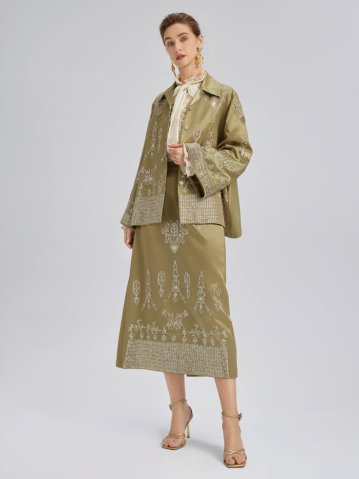 Lustrous Embroidered Floral A-Line Skirt
