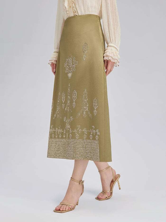 Lustrous Embroidered Floral A-Line Skirt