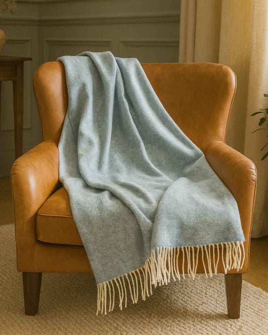Luxury Pure Wool Herringbone Throw - Blue - Country Collection