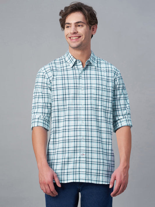 Men's 100% Cotton Checked Long Sleeve Shirt Blue