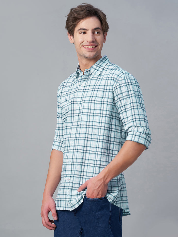 Men's 100% Cotton Checked Long Sleeve Shirt Blue