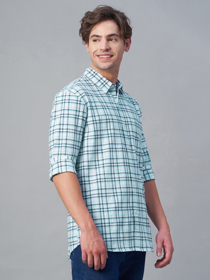 Men's 100% Cotton Checked Long Sleeve Shirt Blue
