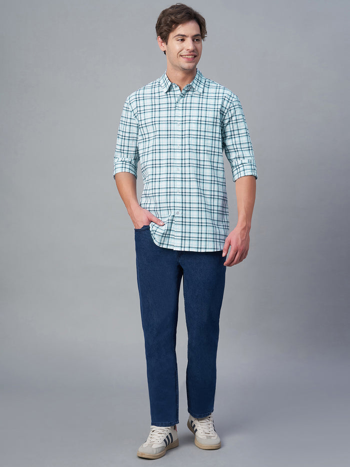 Men's 100% Cotton Checked Long Sleeve Shirt Blue
