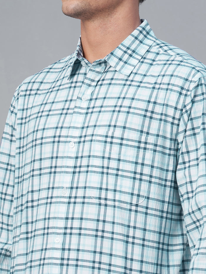 Men's 100% Cotton Checked Long Sleeve Shirt Blue