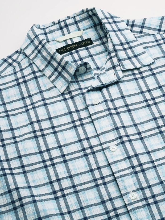 Men's 100% Cotton Checked Long Sleeve Shirt Blue