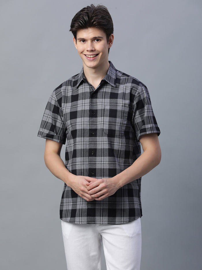 Men's 100% Cotton Checked Short Sleeve Shirt Black