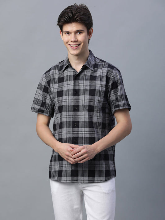 Men's 100% Cotton Checked Short Sleeve Shirt Black