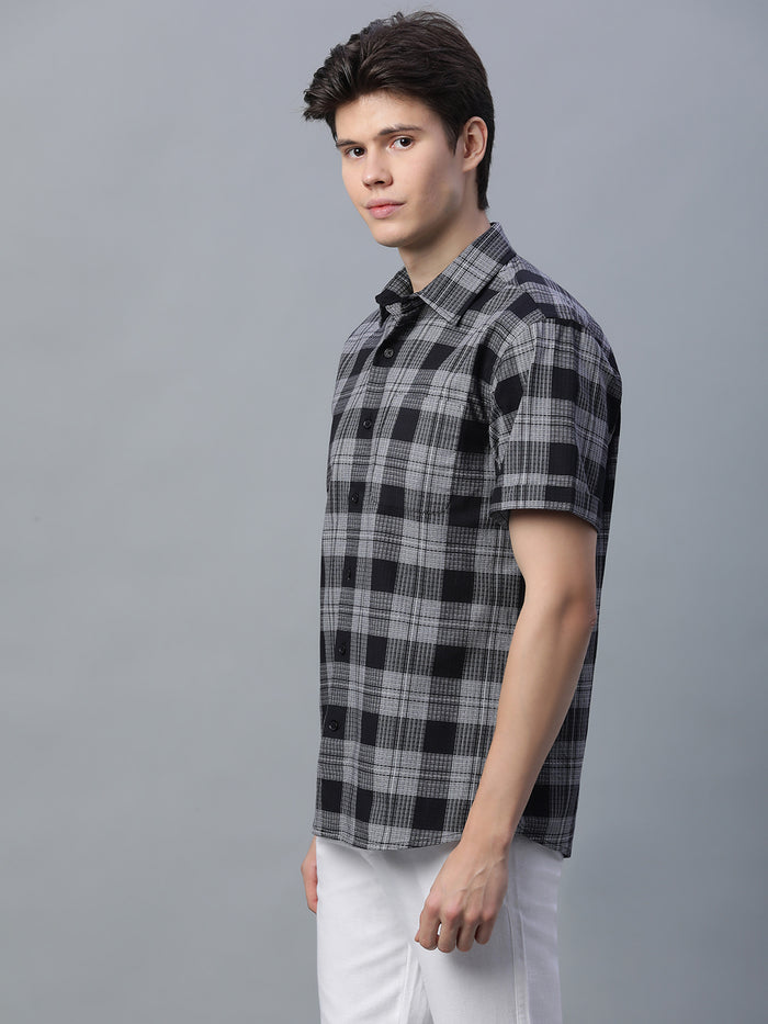 Men's 100% Cotton Checked Short Sleeve Shirt Black