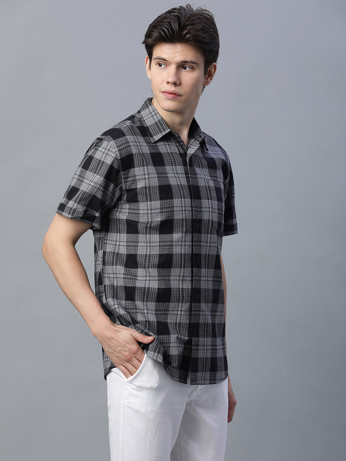 Men's 100% Cotton Checked Short Sleeve Shirt Black