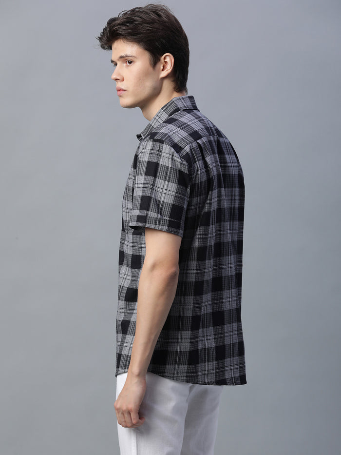 Men's 100% Cotton Checked Short Sleeve Shirt Black