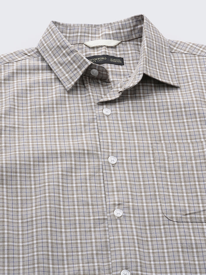 Men's 100% Cotton Micro Check Shirt Khaki