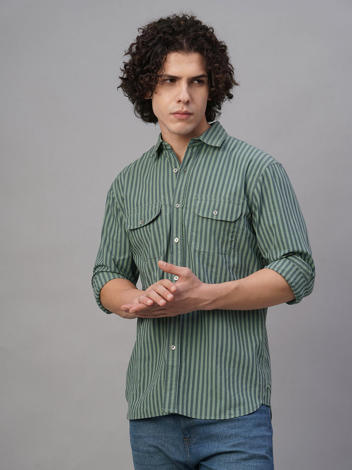 Men's Cotton Lycra Striped Regular Fit Shirt Green