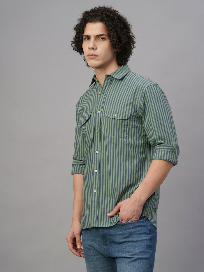 Men's Cotton Lycra Striped Regular Fit Shirt Green