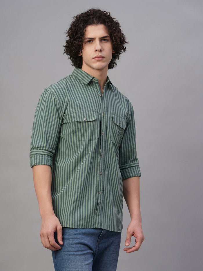 Men's Cotton Lycra Striped Regular Fit Shirt Green